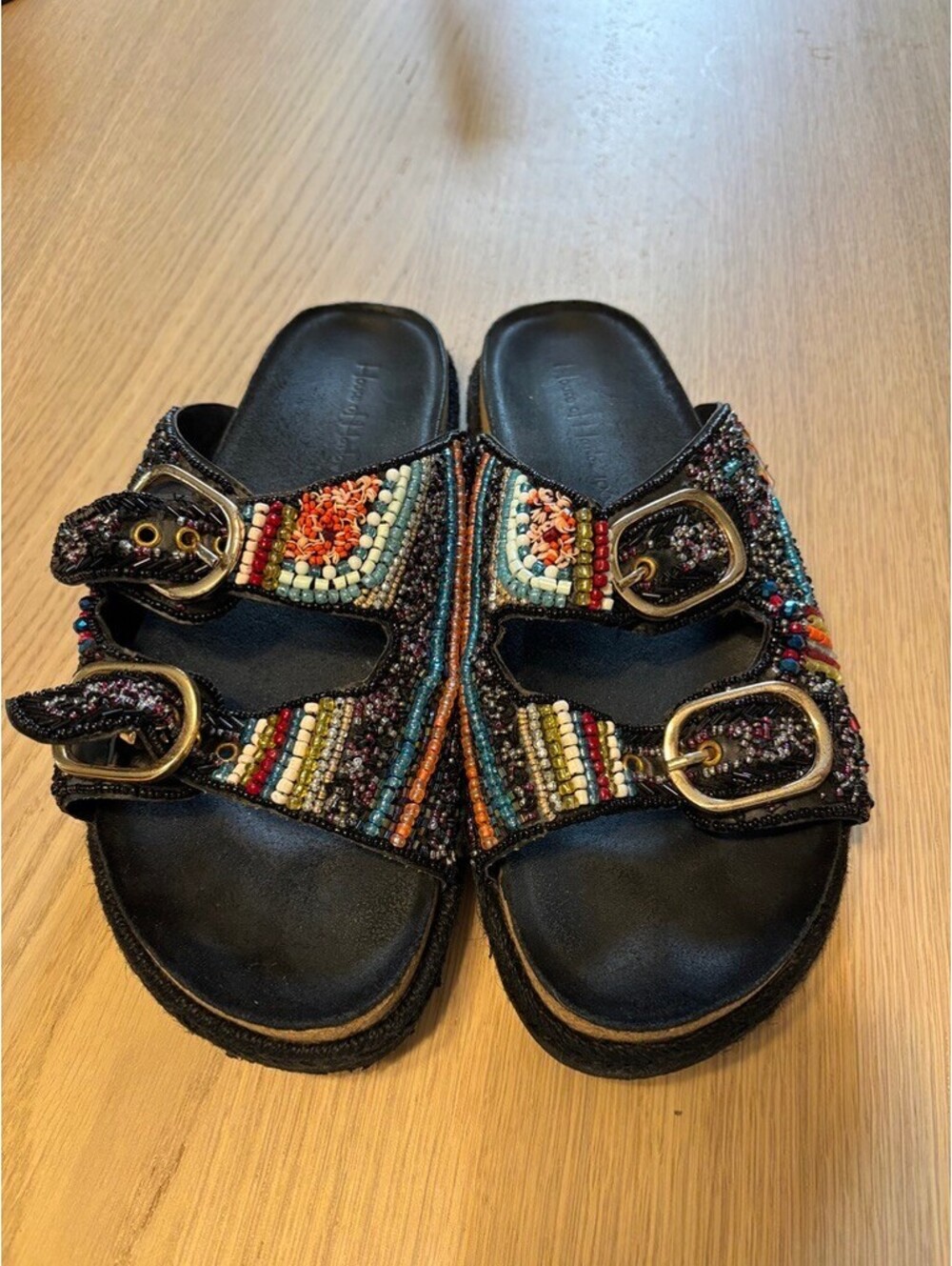 House of Harlow 1960 Beaded Slide Sandals Size 9 Black Multicolor Boho